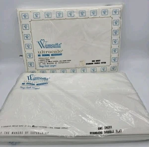 Vintage Wamsutta Ultracale Double Sheet Flat & Fitted White Embroidered 2 Piece - Picture 1 of 10