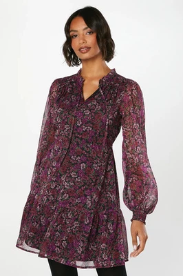 Dorothy Perkins Womens Mini Dress Floral Floral Chiffon Ruffle Hem Long Sleeve - Image 1 of 4