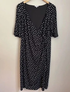 Kiyonna Haute Cold Shoulder Faux Wrap Dress 2X Packable Black Polka Dot Midi - Picture 1 of 6