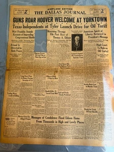 1931 Dallas Journal Edison Death Hoover Yorktown Al Capone 2 pagine laminate - Foto 1 di 2