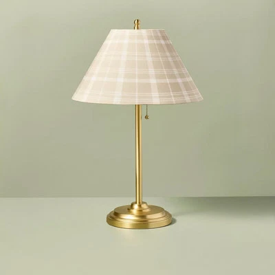 HEARTH & HAND WITH MAGNOLIA 23" Brass Accent Table Lamp with Classic Plaid Shade Cream/Tan - Hearth