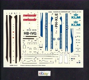 KLM ROYAL DUTCH & SWISSAIR FOKKER 100 JET DECALS REVELL 1995 & INSTRUCTIONS - Picture 1 of 2