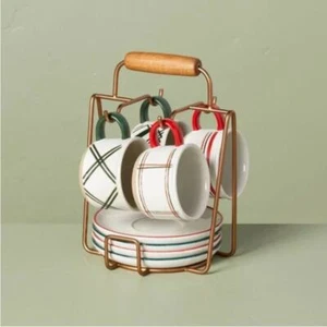 9pc Christmas Plaid Stoneware Mug & Saucer Caddy Set Red Green Hearth & Hand NIB - Picture 1 of 7