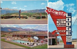 Postal Colorado Springs CO "SLUMBER LODGE" Roadside c1950s plasticromo sin usar - Imagen 1 de 2