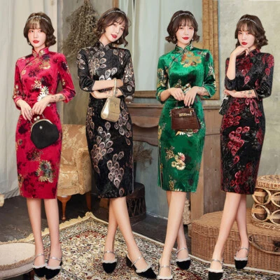 Mujeres Vestido Corto Qipao Terciopelo Tradicional Chino Cheongsam Talla Grande  Foto 1 de 4