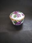 Porcelain Mini Trinket Box Hinged Pansy Violet Purple Goldtone Floral Dainty