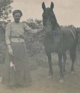 Antique RPPC Real Photo Postcard Mature Woman Dress Horse Farm Animal Reins - Picture 1 of 6