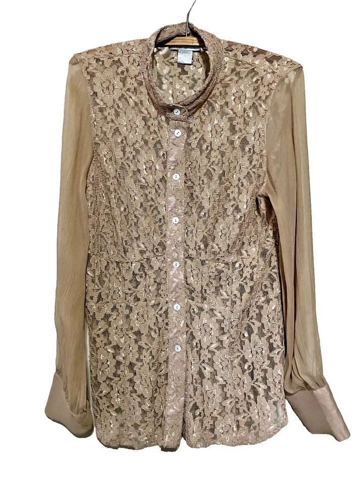 Винтажный Spiegel женщин размер 12 роза кнопка кружева блузка с длинными рукавами на пуговицах - Изображение 1 из 4