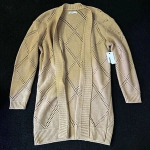 Sonoma Cardigan Women’s MEDIUM Tan Chunky Cable Knit Open Front LONG! - Picture 1 of 5