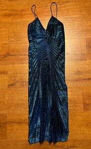 Vintage New Leaf by Samir Dress Women's Sz 3/4 Blue Metallic Pleated Disco USA - Picture 1 of 20