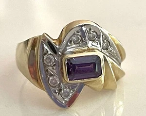 14k Yellow White Gold Emerald Cut Amethyst Clear Stones Ladies Ring Size 7.25 - Picture 1 of 5