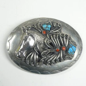 Horse Head Belt Buckle & Bolo Tie Set Silver Turquoise Coral Vintage Southwest - Picture 1 of 18