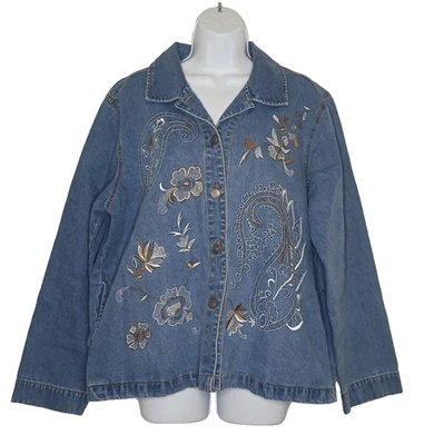 Chaqueta de jean floral bordada de mezclilla blanca ciervo (talla L) para mujer Foto 1 de 4