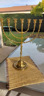 Ancien Grand Chandelier Menorah 7 Branches En Laiton. - Photo 1/4