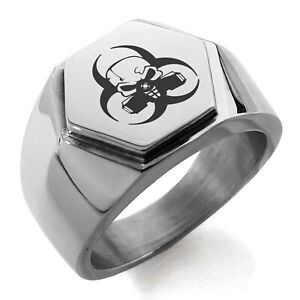Stainless Steel Biohazard Skull Symbol Mens Hexagon Crest Signet Ring