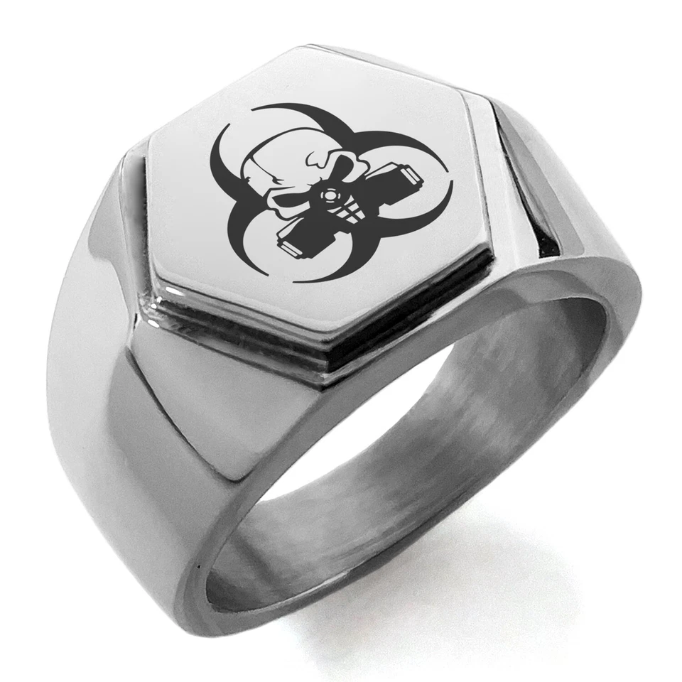 Stainless Steel Biohazard Skull Symbol Mens Hexagon Crest Signet Ring - Image 1 of 1