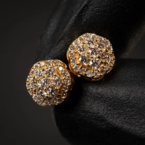 Men's Authentic VVS Diamond Yellow Gold 14K Flower Cluster 0.70Ct Stud Earrings - Picture 1 of 6