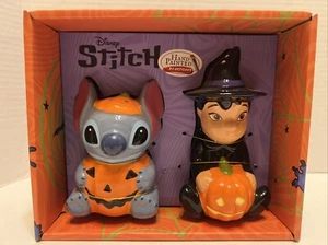 DISNEY Lilo And Stitch Halloween Salt & Pepper Shakers Witch Pumpkin Ceramic NIB - Picture 1 of 13