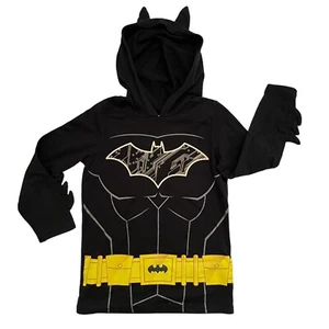 Batman Shirt Boys 6 Long Sleeve Hooded Black Yellow Graphic Shirt T-Shirt - Picture 1 of 7