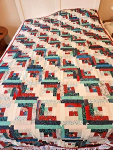 Edredón de cabaña de troncos vintage hecho a mano cosido a máquina 85" x 48" borgoña y verde - Imagen 1 de 6
