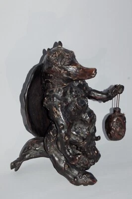 Root wood sculpture, figure of a tanuki sake seller, sake bottle and hat, Japan - Image 1 of 4