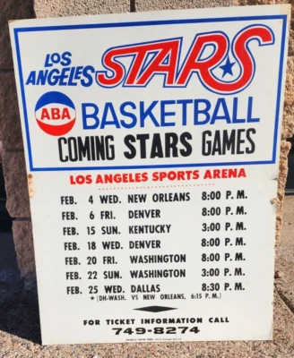 1969 1970 ABA LOS ANGELES STARS PROMO SCHEDULE BROADSIDE POSTER - ORIGINAL RARE! - Image 1 of 2