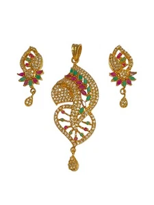 Bollywood Ethnic Gold Finish CZ Pendant Set with Ruby & Emerald Stone Detailing - Picture 1 of 7