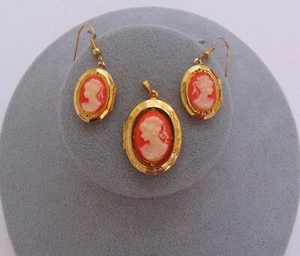 Vintage 1970's Pink Cameo Locket Pendant Pierced Earrings Gold Tone Set of 3  #6 - Picture 1 of 5