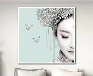 Large square canvas wall art print picture light duck egg white Japanese Geisha - Picture 1 of 3