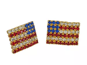 VTG 1960's OTC RHINESTONE AUSTRIAN CRYSTAL GOLD TONE USA AMERICAN FLAG EARRINGS - Picture 1 of 11