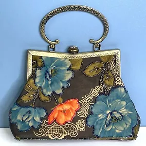 Vintage Beautiful Detail Beaded Floral Rhinestone Clasp Brass Hard Handle Purse - Picture 1 of 9
