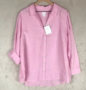 NWT SIGRID OLSEN Washable 100% Linen Shirt Sz 2X Pink Button Roll-Tab Sleeve NEW - Picture 1 of 11