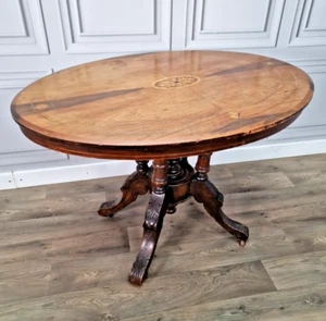 Antique Victorian Oval Wooden Inlaid Veneer Breakfast Dining Loo Table - Carved - Picture 1 of 24