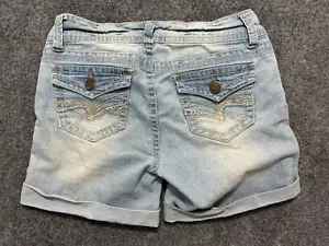 Wallflower Jean Shorts Size 3 Blue Stretch Cuffed Embroider Flap Pockets - Picture 1 of 9