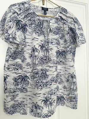 Jones New York Tropical Palm Tree & Floral Toile Linen Blue Natural Top Womens L - Image 1 of 4