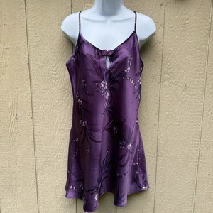 Vintage Angelique Dessous lila Blumen Träger Polyester Mini kurzes Schlupfkleid M - Bild 1 von 9