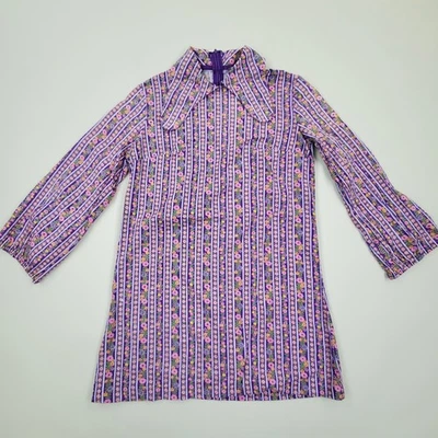 Vtg 60s Handmade Floral Stripe High Neck Dogear Collar Purple Zip Back Shirt Top - Image 1 of 4