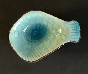 Blue Crackle Glaze Stoneware Fish Dish Trinket/Small Bowl 4” X 2.75” EUC - Picture 1 of 5