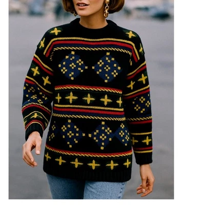 Mondi 女式毛衣 3D 针织羊毛 * 中号多彩几何 90 年代艺术超大款 — 第 1/4 张图片