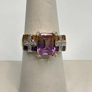10k Solid Yellow Gold SZ 8 Amethyst Citrine Diamond Cocktail Statement Ring 4.2G - Picture 1 of 8