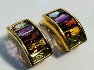 STUNNING 18k Yellow Gold Rainbow Huggie Clip Earrings Semiprecious Gemstones - Picture 1 of 9