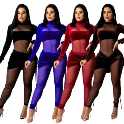 Stylish Women Ladies Velvet & Mesh See-through Patchwork Jumpsuit Sexy Club-wear - Image 1 of 4