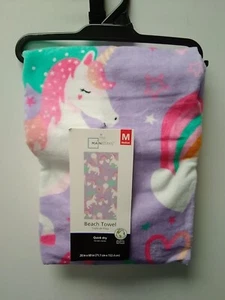 Mainstays Beach Towel 28X60" Teal &Purple with Unicorns, Ice Cream and Rainbows - Picture 1 of 8