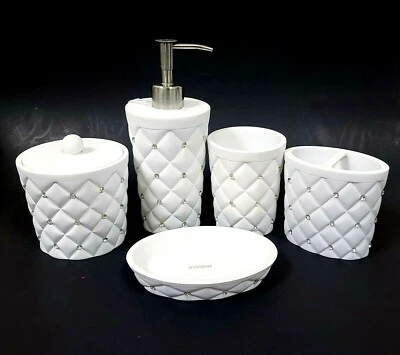 ENVOGUE 5 PC Bianco Resina, Cristalli, Nickel Argento Sapone Dispenser, Tumbler, - Immagine 1 di 4