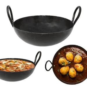 Iron Karahi Kadai Kadhai Iron Wok Balti Dish with Handles Heavy Duty Flat Base - Picture 1 of 53