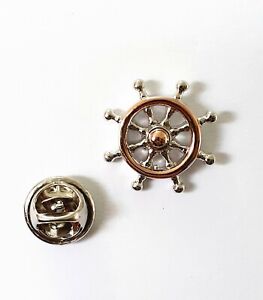 Ships Wheel sailors yacht boat Lapel pin badge.  Silver & Rose Gold Plated.  008