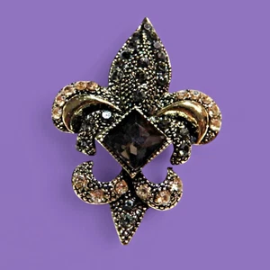 FLEUR-DE-LIS BROOCH or PENDANT sword flower iris lily goldtone crystal pin Q1 - Picture 1 of 4