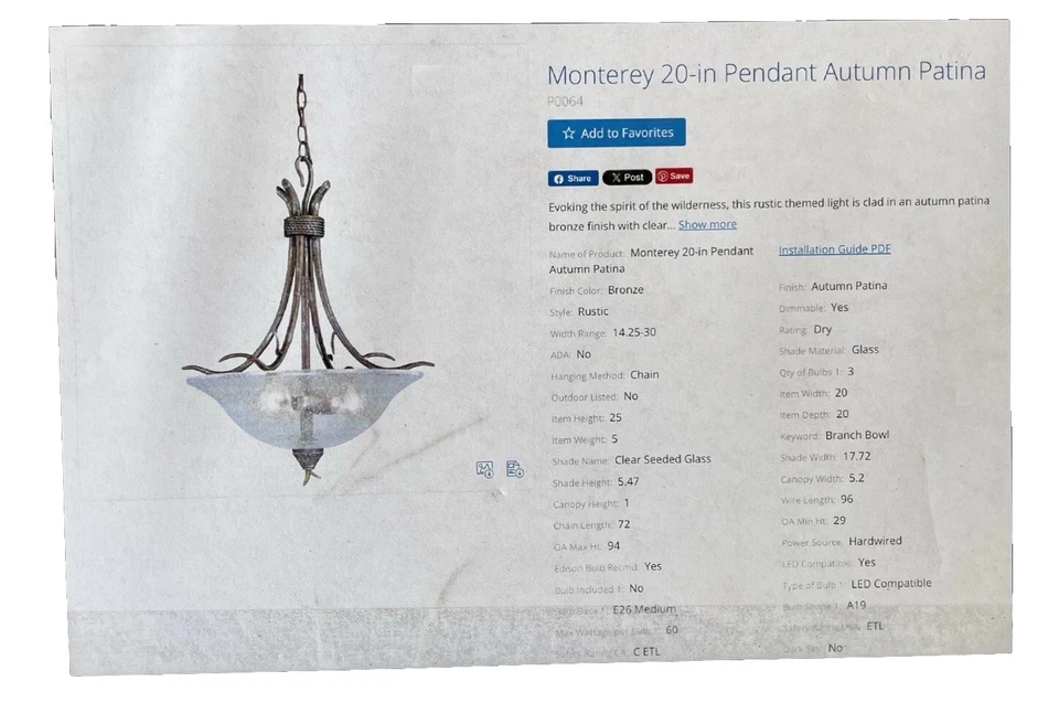 Vaxcel освещения P0064 Monterey 20» чаша подвеска крепление люстра новый в коробке потолок - Изображение 1 из 3