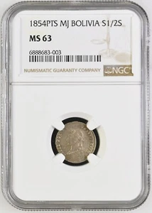 BOLIVIA Potosí Silver 1/2 Sol 1854 MJ NGC MS 63 KM-118.1 - Picture 1 of 5
