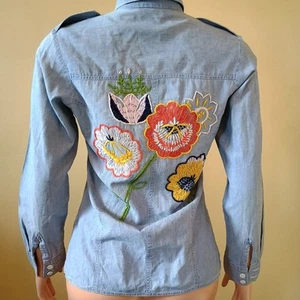 Vintage 70er Jahre bestickt Blumen Chambray Kragen Hemd Medium - Bild 1 von 11